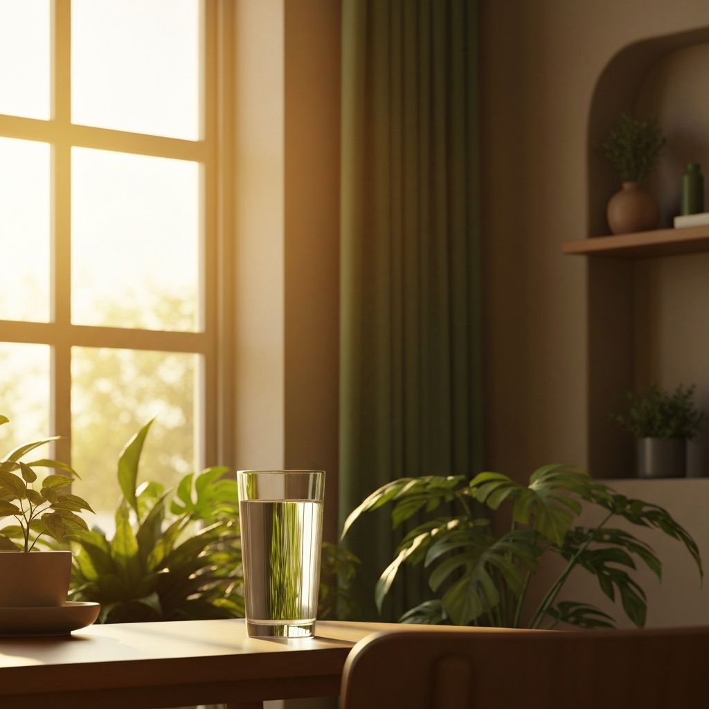 Daily wellness elements: water, plants, natural light